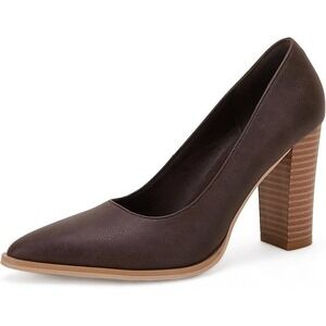 Women's Brown Faux Leather Pointed Toe Stacked Heel Pumps Shoes